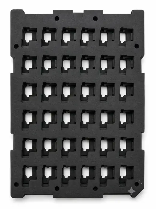 Black conductive foam insert routed with thirty-six component pockets, EMS Technologies
