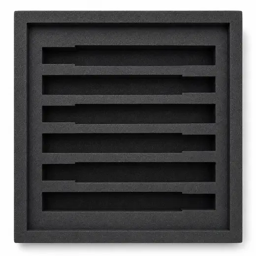 Black conductive foam tray cut with six long channels for boards laid flat, EMS Technologies