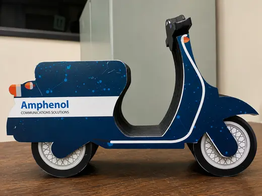 Printed scooter-shaped ESD foam presentation pack made to a customer brand, EMS Technologies