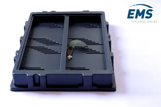 Black HIPS conductive thermoformed ESD tray for secure component storage and transport, EMS Technologies