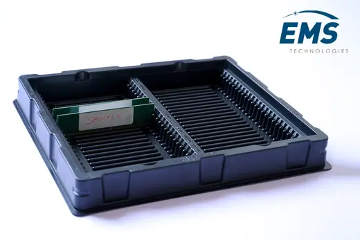 Black HIPS conductive thermoformed ESD tray for secure component storage and transport, EMS Technologies