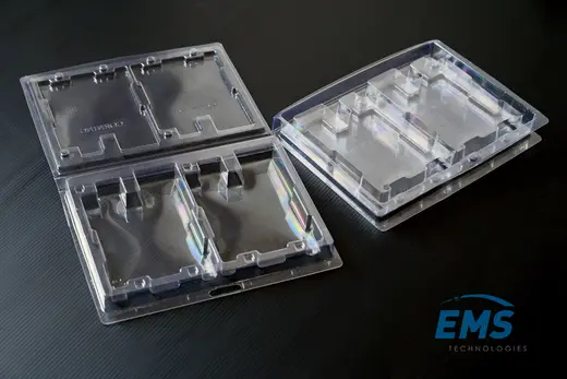 Clear PET blister packs with tooled pockets for ESD-safe component packing, EMS Technologies