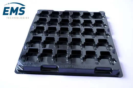 Black HIPS conductive thermoformed ESD tray for secure component storage and transport, EMS Technologies