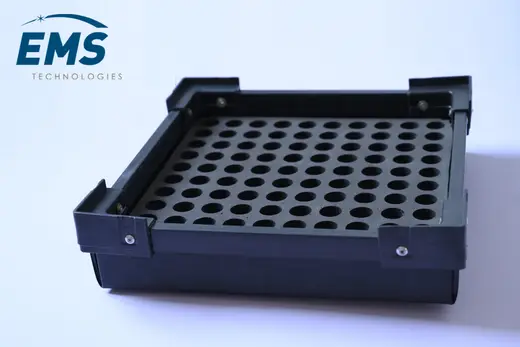 PP corrugated ESD tray with perforated conductive base and corner brackets, EMS Technologies