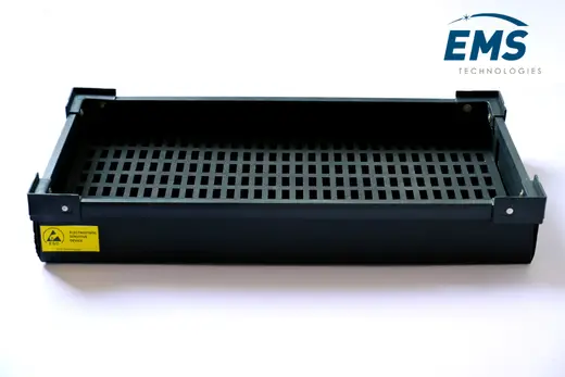 PP corrugated ESD tray with slotted conductive base, labelled for electrostatic-sensitive devices, EMS Technologies