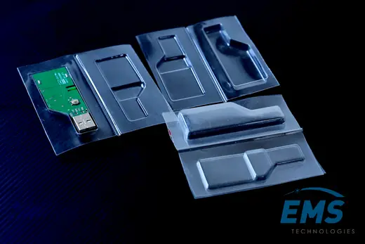 Clear PET thermoformed ESD tray for secure component storage and transport, EMS Technologies