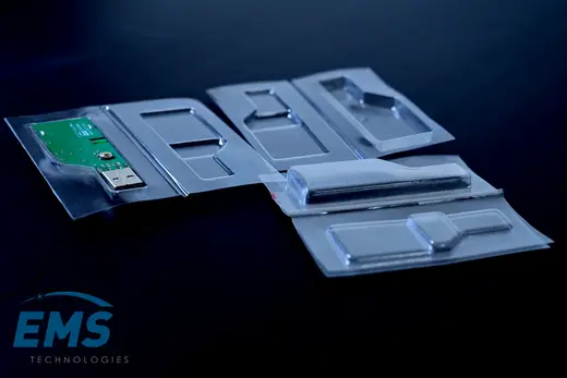 Clear PET thermoformed ESD tray for secure component storage and transport, EMS Technologies