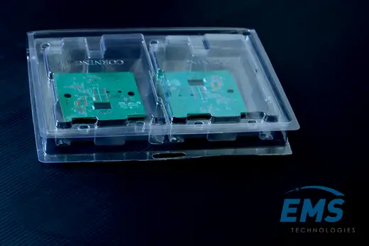 Clear PET thermoformed ESD tray for secure component storage and transport, EMS Technologies