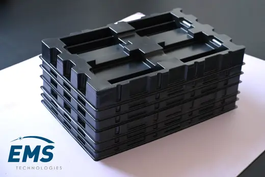 Black HIPS conductive thermoformed ESD tray for secure component storage and transport, EMS Technologies