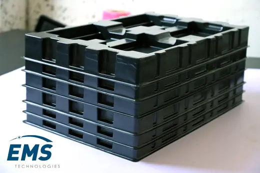 Black HIPS conductive thermoformed ESD tray for secure component storage and transport, EMS Technologies