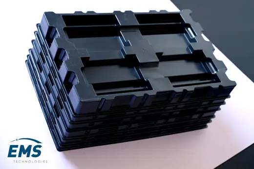 Black HIPS conductive thermoformed ESD tray for secure component storage and transport, EMS Technologies