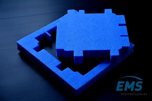 Blue EVA conductive foam insert cut to component geometry, EMS Technologies