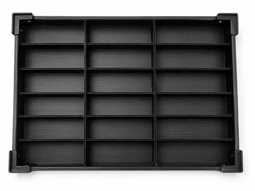 Black PP corrugated ESD tray divided into fifteen compartments by twin-wall partitions, EMS Technologies