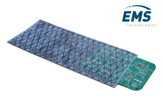 Conductive grid bag with diamond pattern protecting a PCB, EMS Technologies
