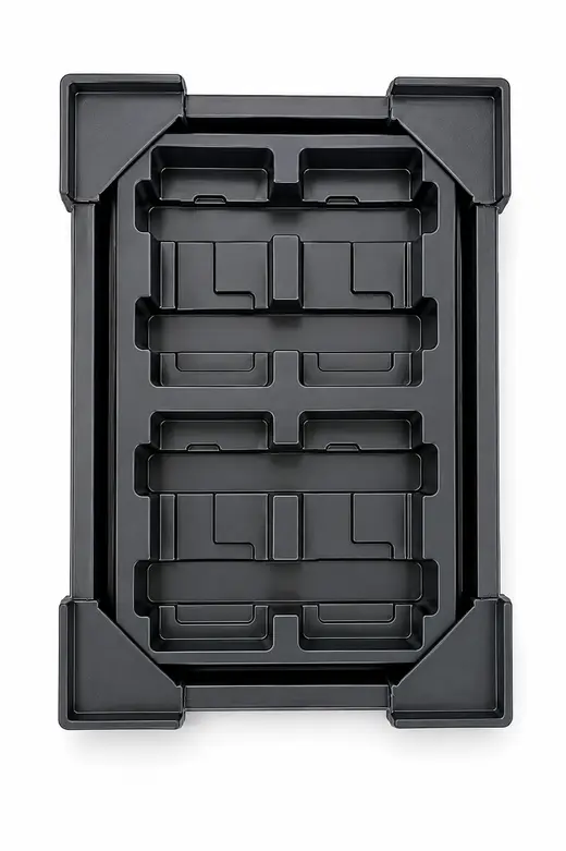 Black thermoformed ESD tray with tooled board pockets and raised corner posts for stacking, EMS Technologies