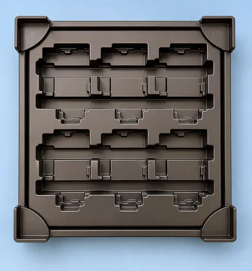 Black thermoformed ESD tray with pockets tooled to the component outline and moulded corner supports, EMS Technologies