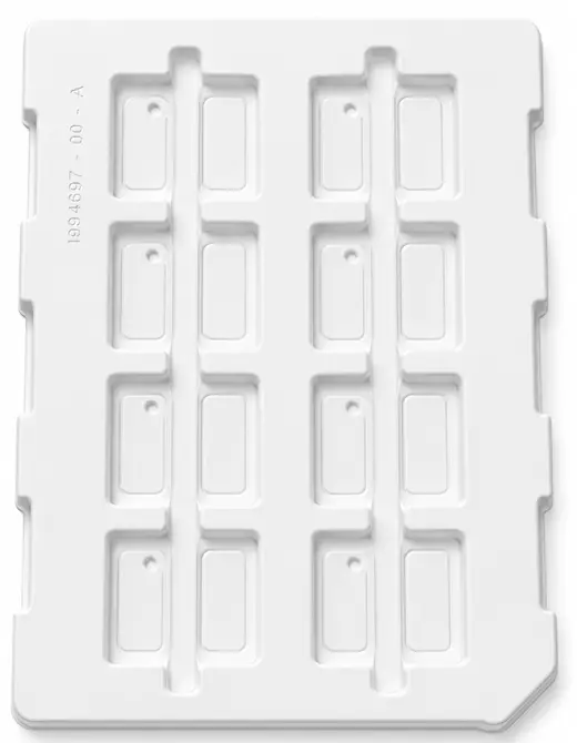 White thermoformed ESD tray of sixteen shallow pockets in a paired layout, EMS Technologies